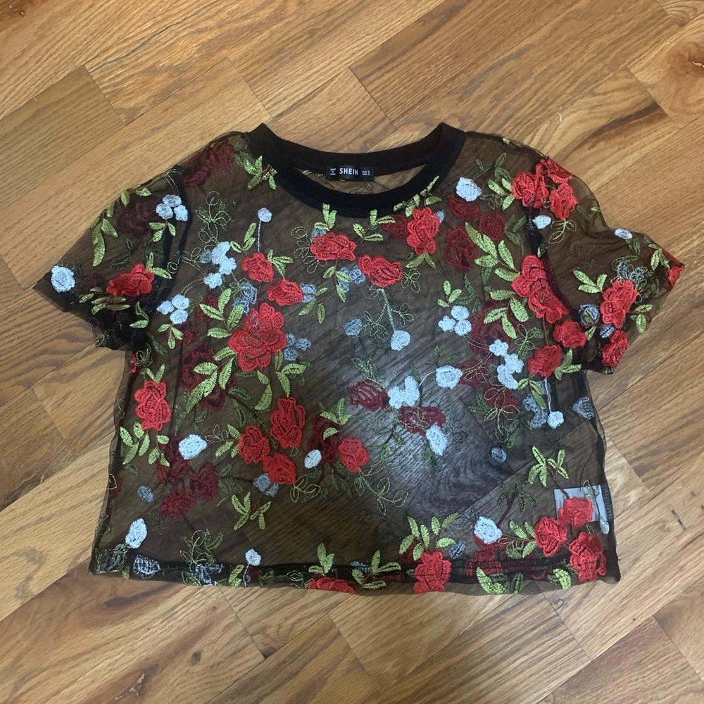 Mesh black top with red and white flowers